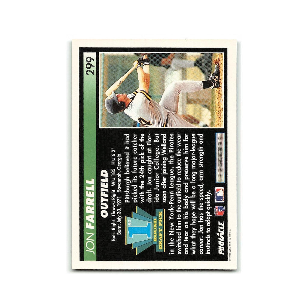 Jon Farrell Rookie 1992 Pinnacle #299 Pittsburgh Pirates Baseball Card NM