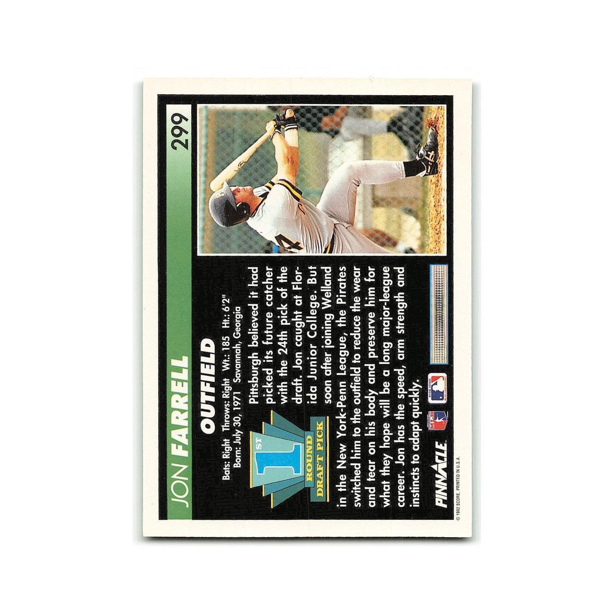 Jon Farrell Rookie 1992 Pinnacle #299 Pittsburgh Pirates Baseball Card NM