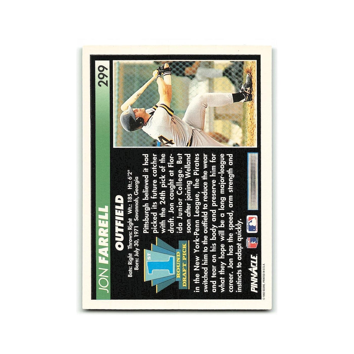 Jon Farrell Rookie 1992 Pinnacle #299 Pittsburgh Pirates Baseball Card NM