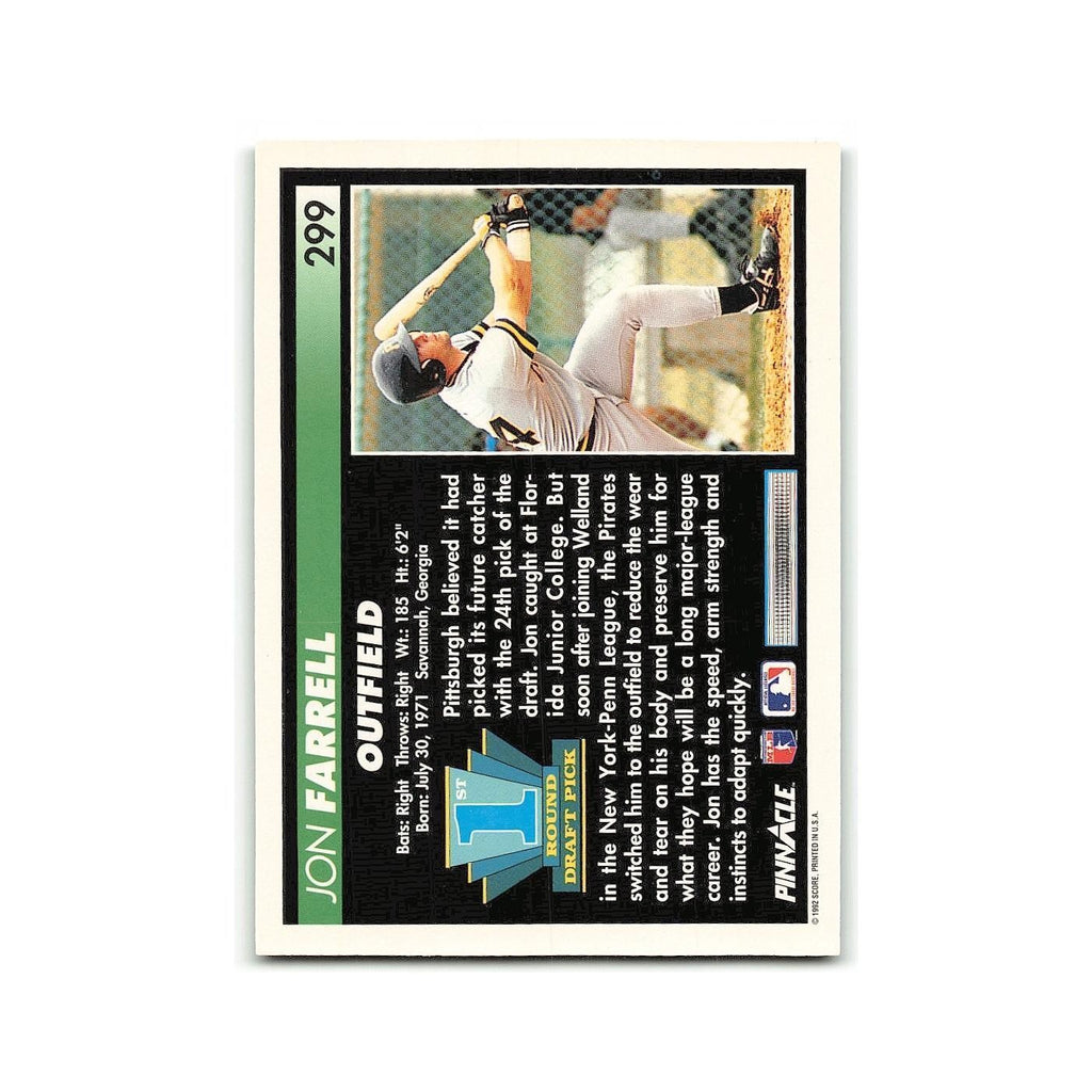 Jon Farrell Rookie 1992 Pinnacle #299 Pittsburgh Pirates Baseball Card NM