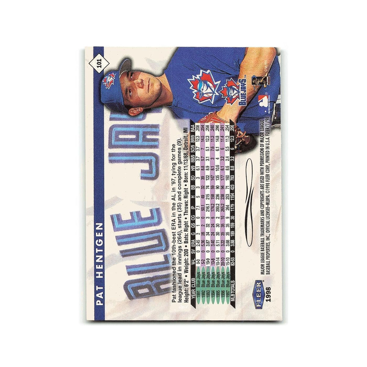 Pat Hentgen 1998 Fleer Tradition #101 Toronto Blue Jays Baseball Card NM