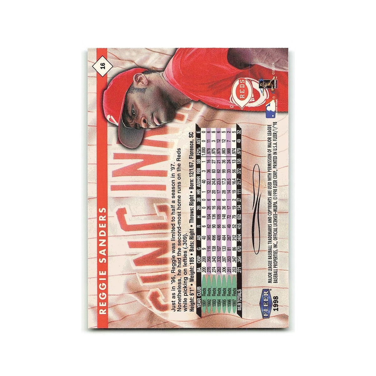 Reggie Sanders 1998 Fleer Tradition #16 Cincinnati Reds Baseball Card NM