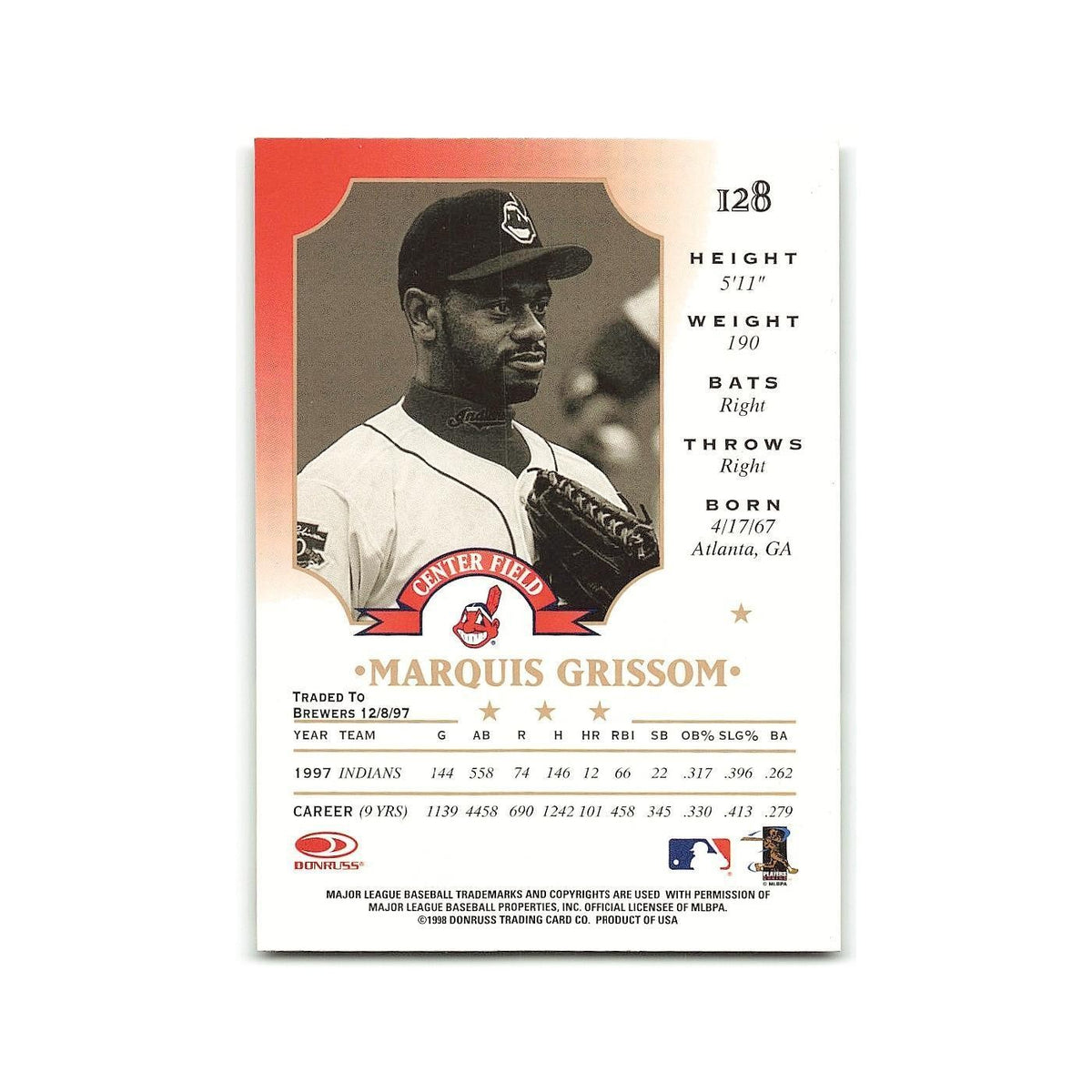 Marquis Grissom 1998 Leaf #128 Cleveland Indians Baseball Card NM