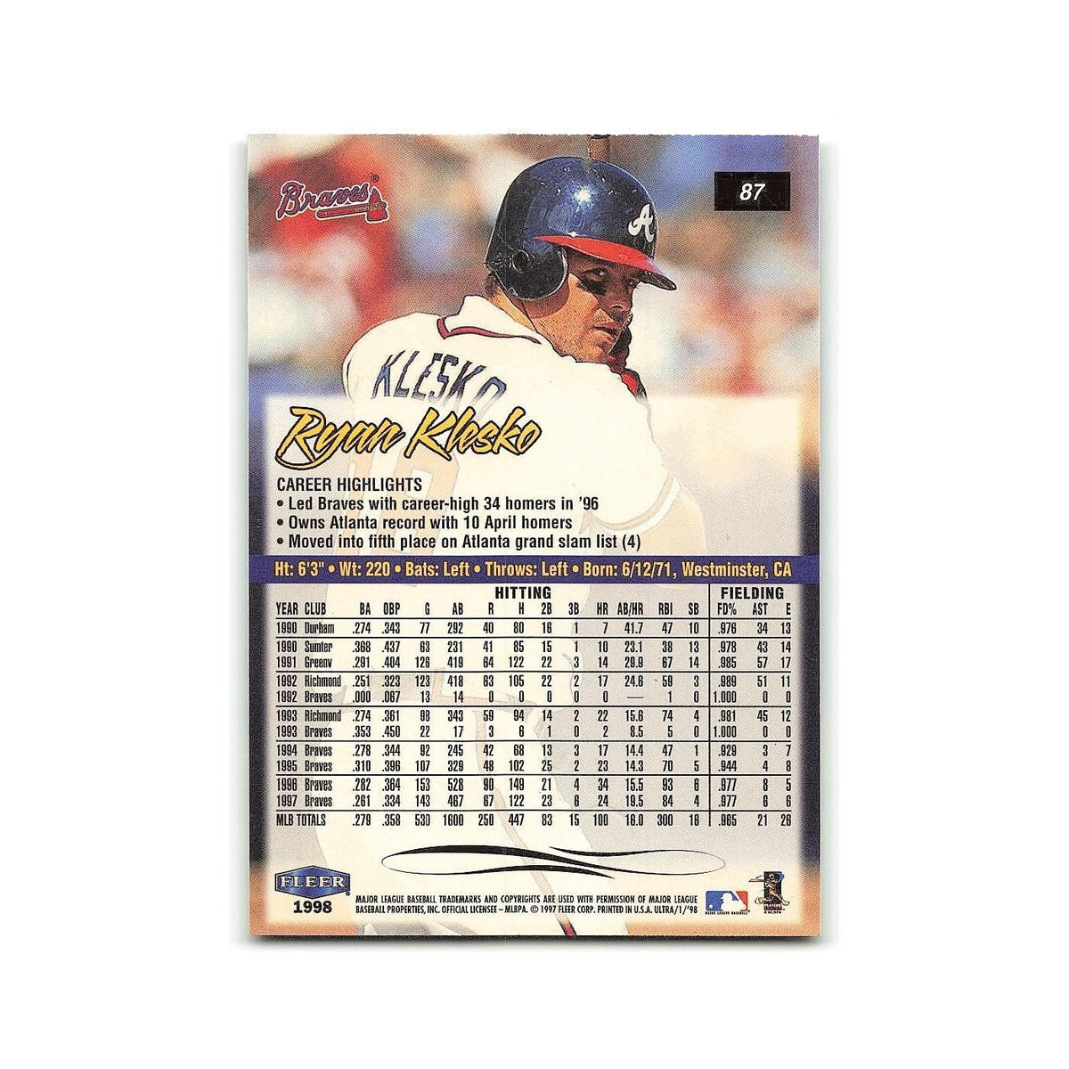 Ryan Klesko 1998 Fleer Ultra #87 Atlanta Braves Baseball Card NM