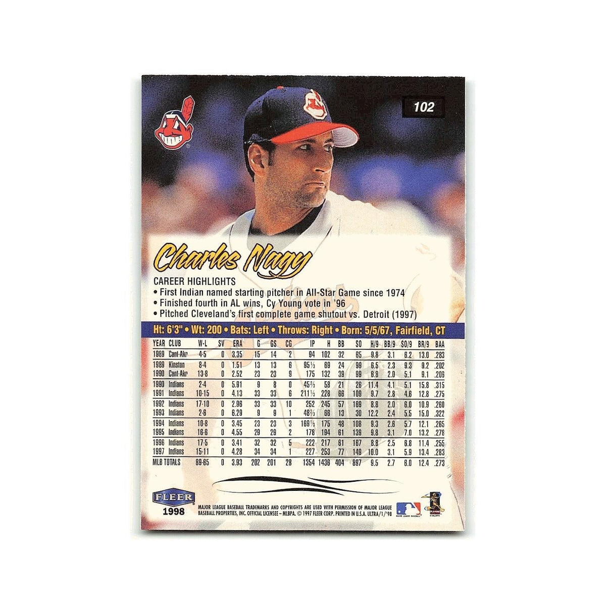 Charles Nagy 1998 Fleer Ultra #102 Cleveland Indians Baseball Card NM