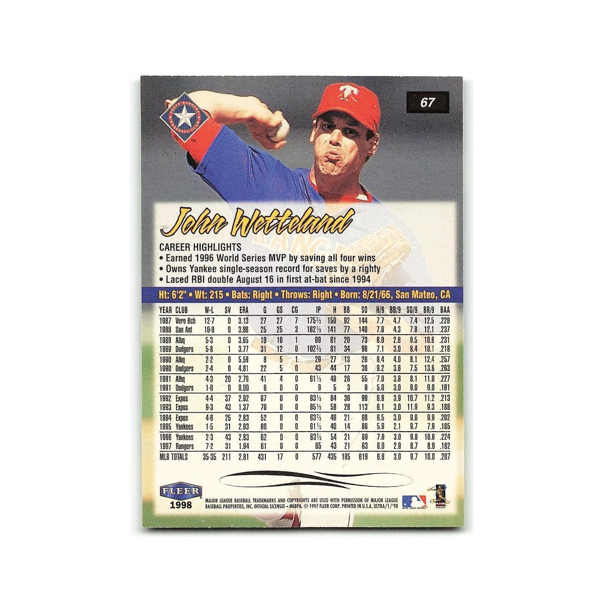 John Wetteland 1998 Fleer Ultra #67 Texas Rangers Baseball Card NM