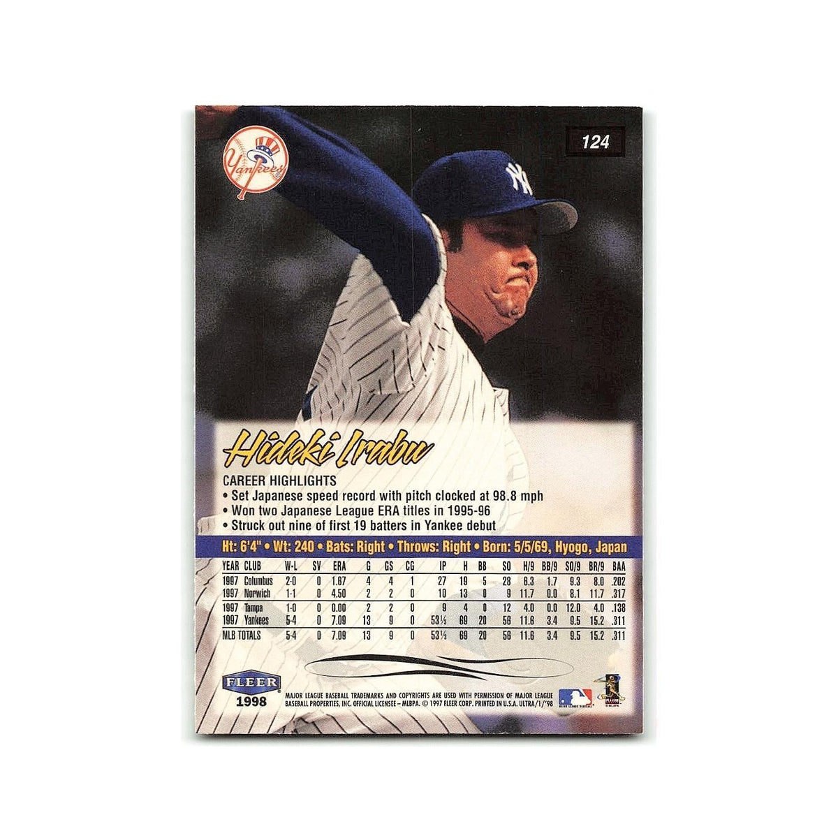 Hideki Irabu 1998 Fleer Ultra #124 New York Yankees Baseball Card NM