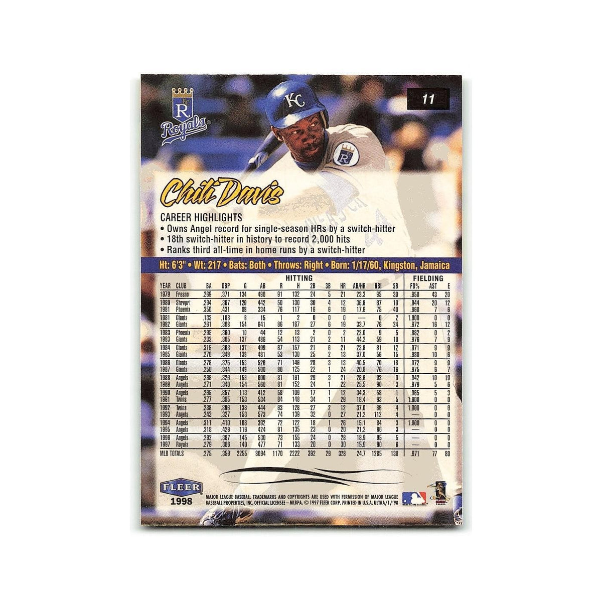 Chili Davis 1998 Fleer Ultra #11 Kansas City Royals Baseball Card NM