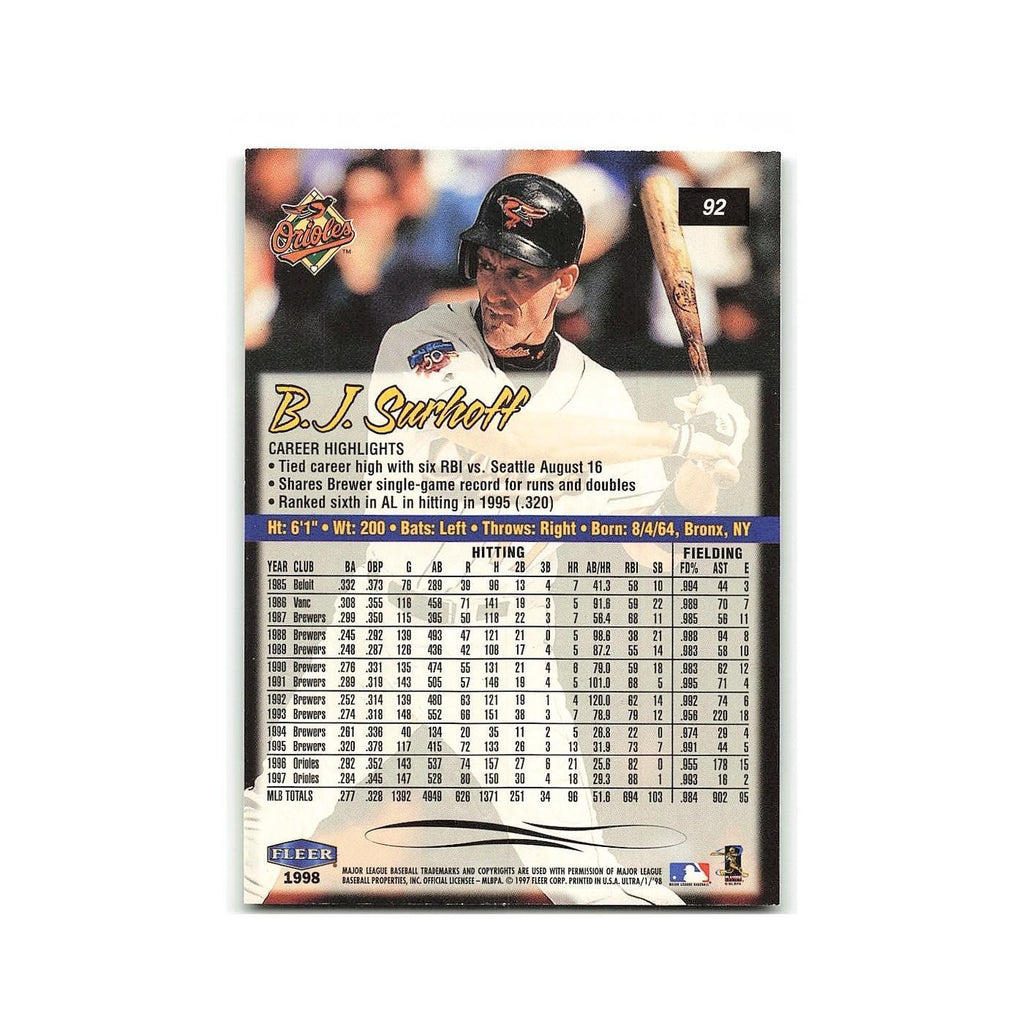BJ Surhoff 1998 Fleer Ultra #92 Baltimore Orioles Baseball Card NM