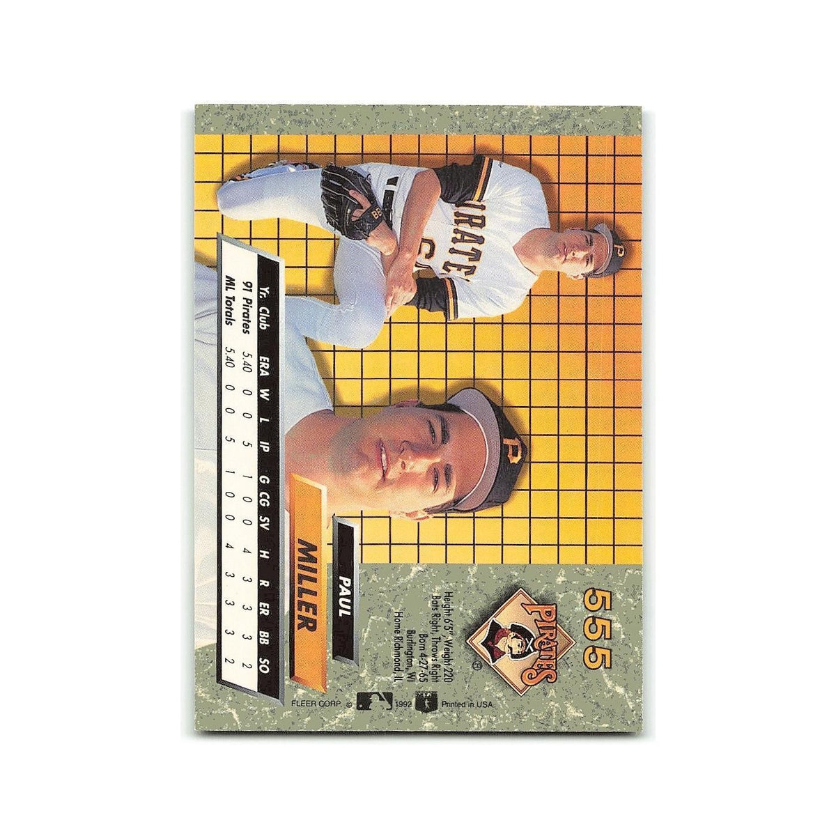 Paul Miller Rookie 1992 Fleer Ultra #555 Pittsburgh Pirates Baseball Card NM