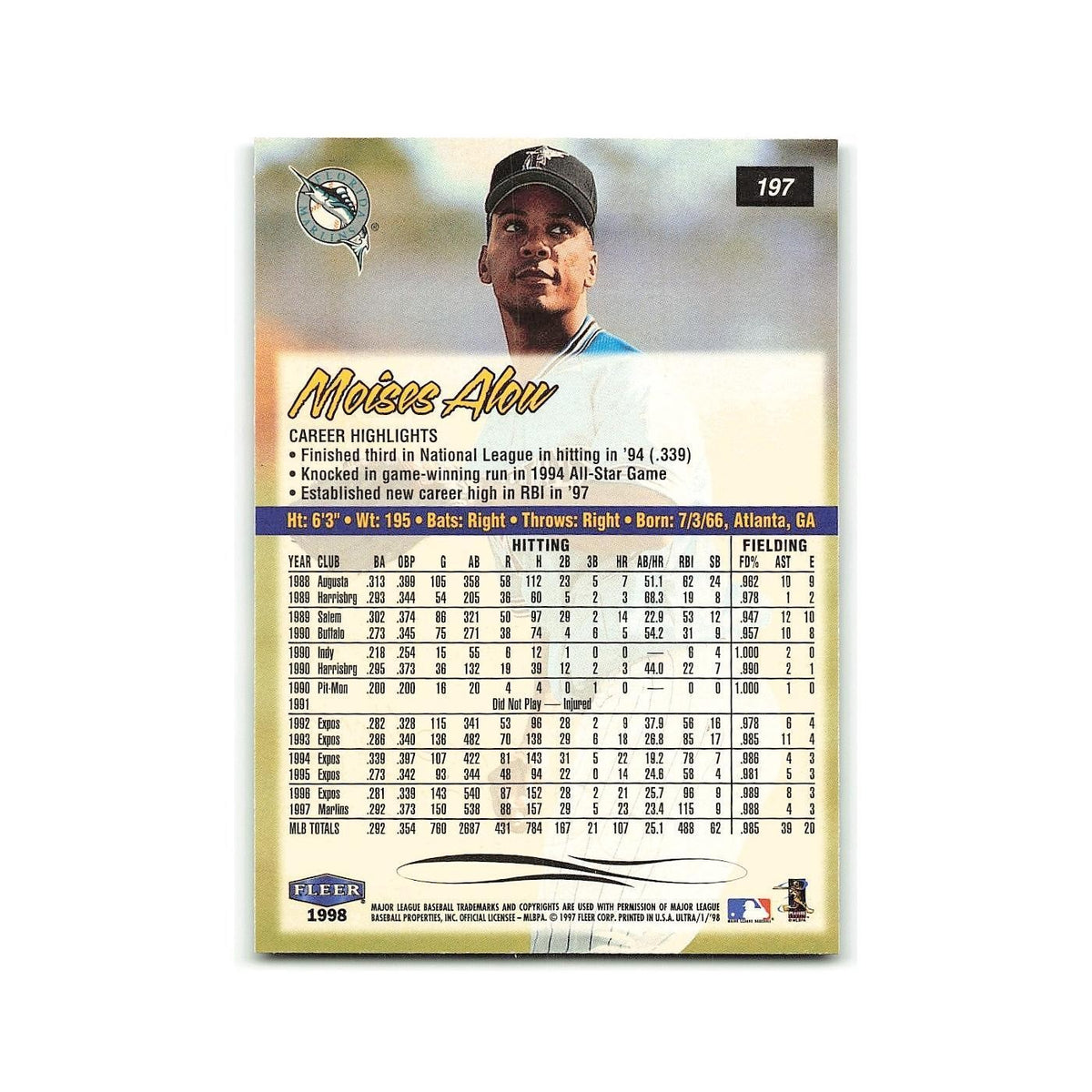Moises Alou 1998 Fleer Ultra #197 Florida Marlins Baseball Card NM