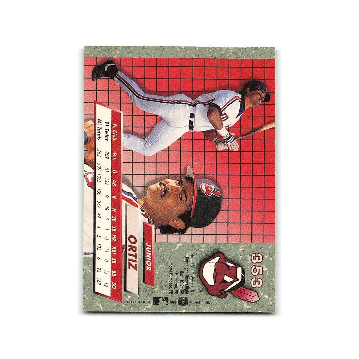 Junior Ortiz 1992 Fleer Ultra #353 Cleveland Indians Baseball Card NM