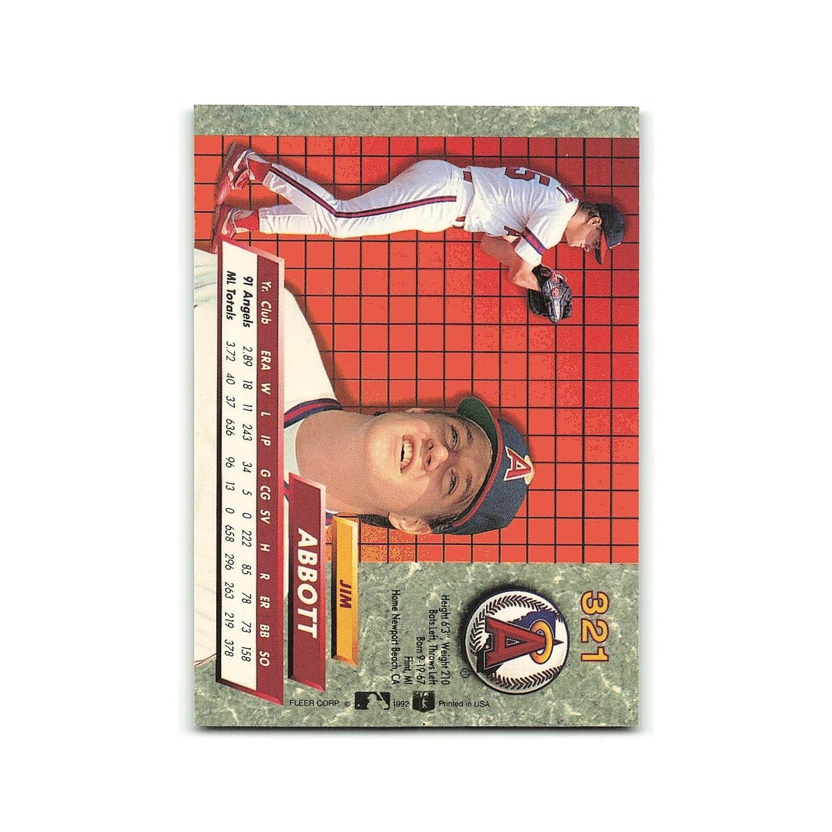 Jim Abbott 1992 Fleer Ultra #321 California Angels Baseball Card NM