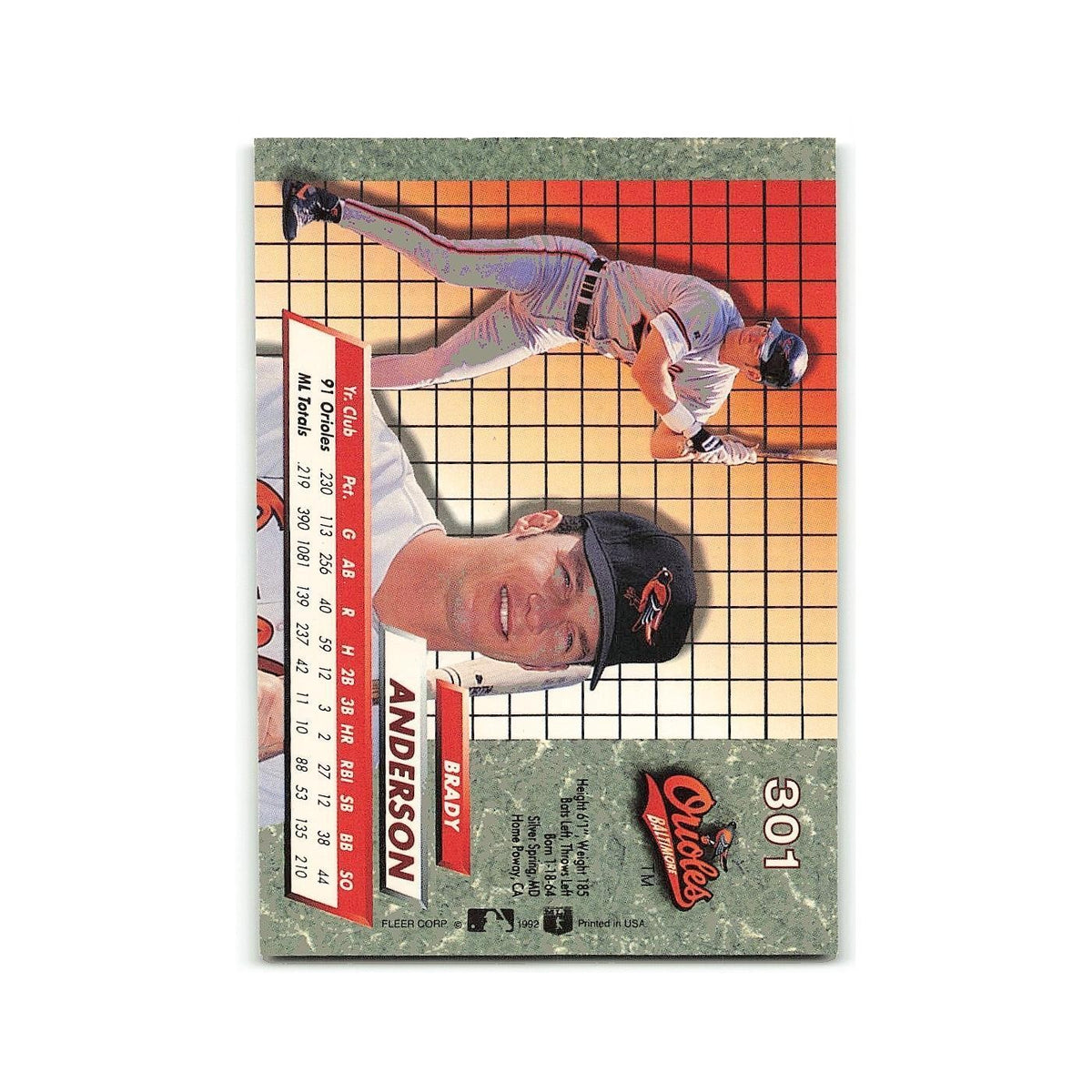 Brady Anderson 1992 Fleer Ultra #301 Baltimore Orioles Baseball Card NM