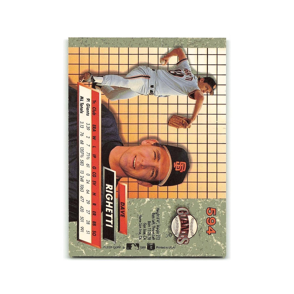 Dave Righetti 1992 Fleer Ultra #594 San Francisco Giants Baseball Card NM
