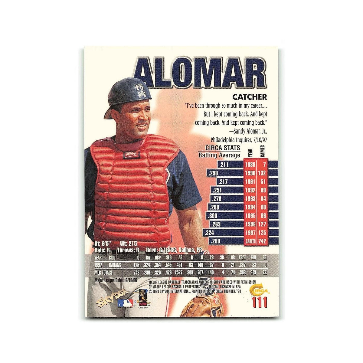 Sandy Alomar Jr. 1998 Circa Thunder #111 Cleveland Indians Baseball Card NM