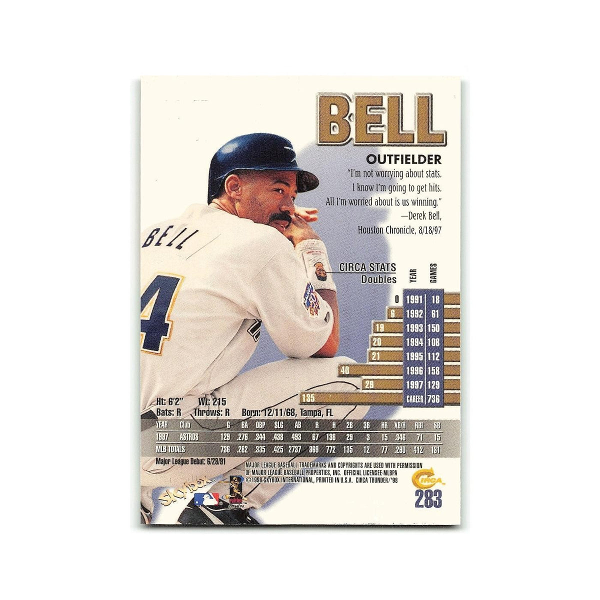 Derek Bell 1998 Circa Thunder #283 Houston Astros Baseball Card NM