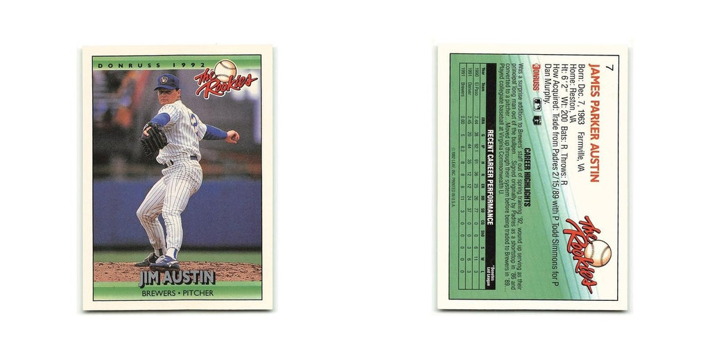 Jim Austin Rookie 1992 Donruss The Rookies #7 Milwaukee Brewers Baseball Card NM