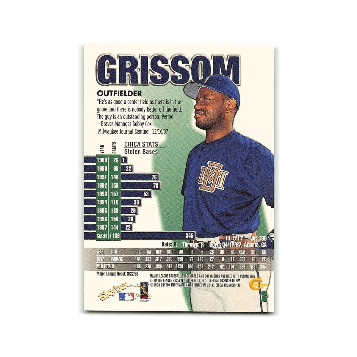 Marquis Grissom 1998 Circa Thunder #8 Milwaukee Brewers Baseball Card NM