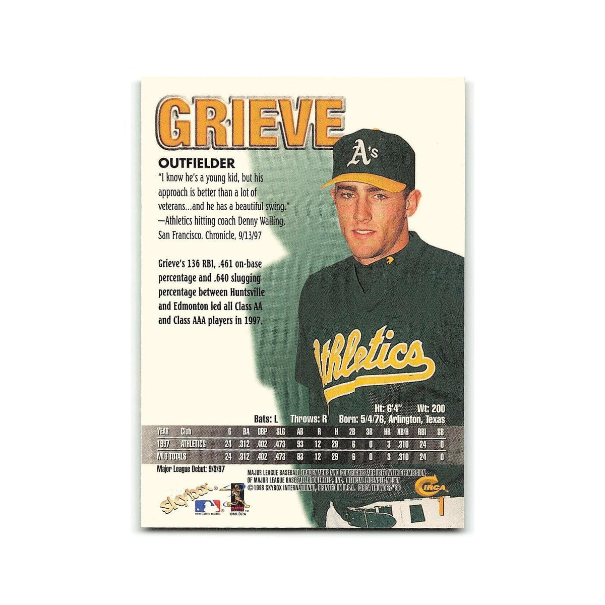 Ben Grieve 1998 Circa Thunder #1 Oakland Athletics Baseball Card NM