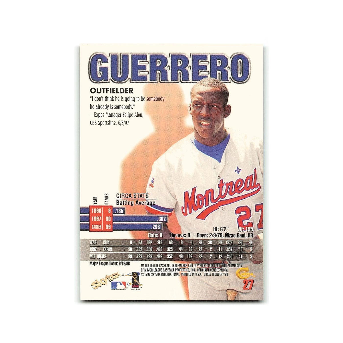 Vladimir Guerrero 1998 Circa Thunder #27 Montreal Expos Baseball Card NM