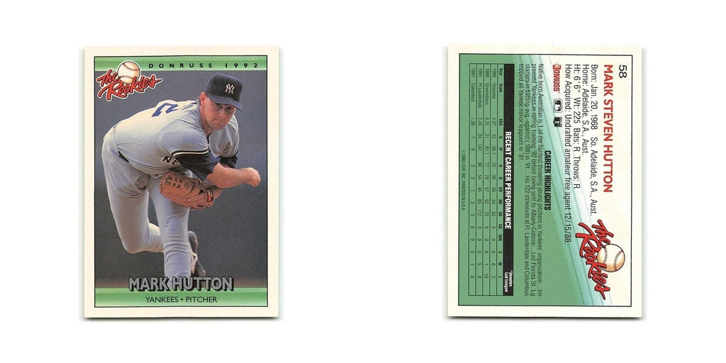 Mark Hutton Rookie 1992 Donruss The Rookies #58 New York Yankees NM