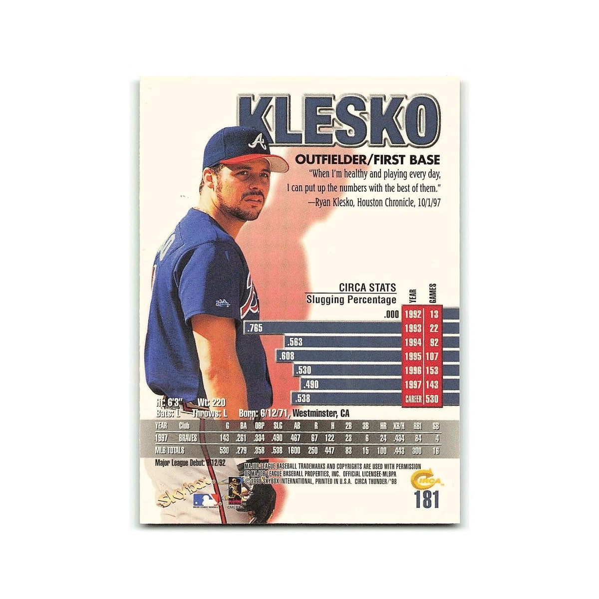 Ryan Klesko 1998 Circa Thunder #181 Atlanta Braves Baseball Card NM