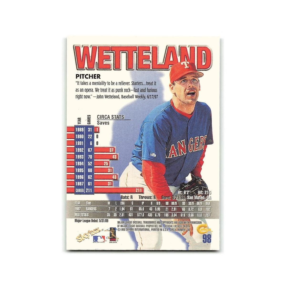 John Wetteland 1998 Circa Thunder #98 Texas Rangers Baseball Card NM