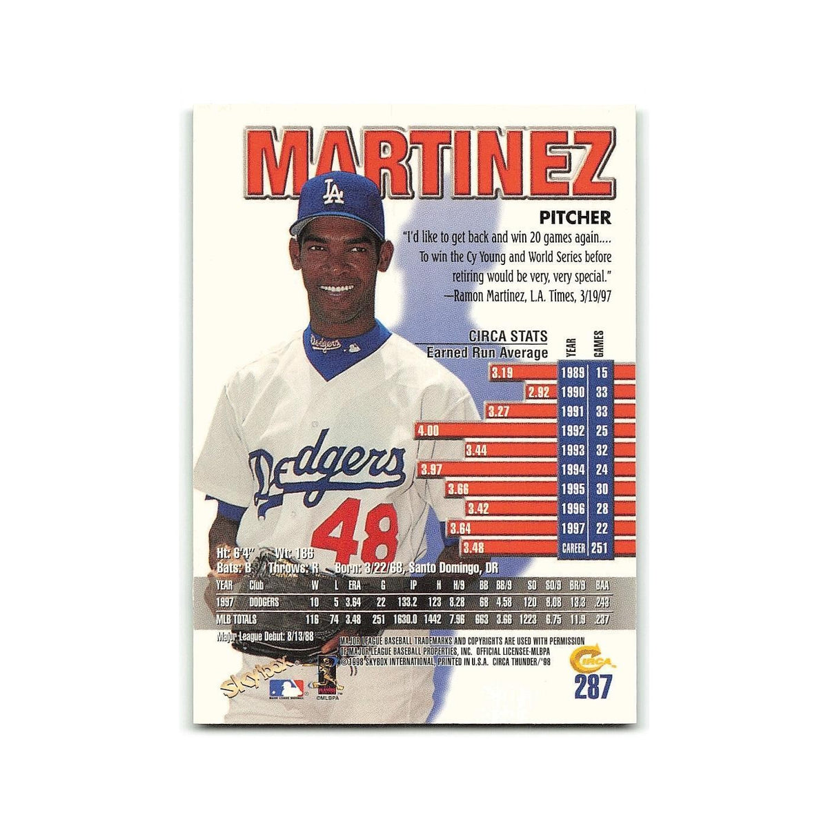 Ramon Martinez 1998 Circa Thunder #287 Boston Red Sox Baseball Card NM