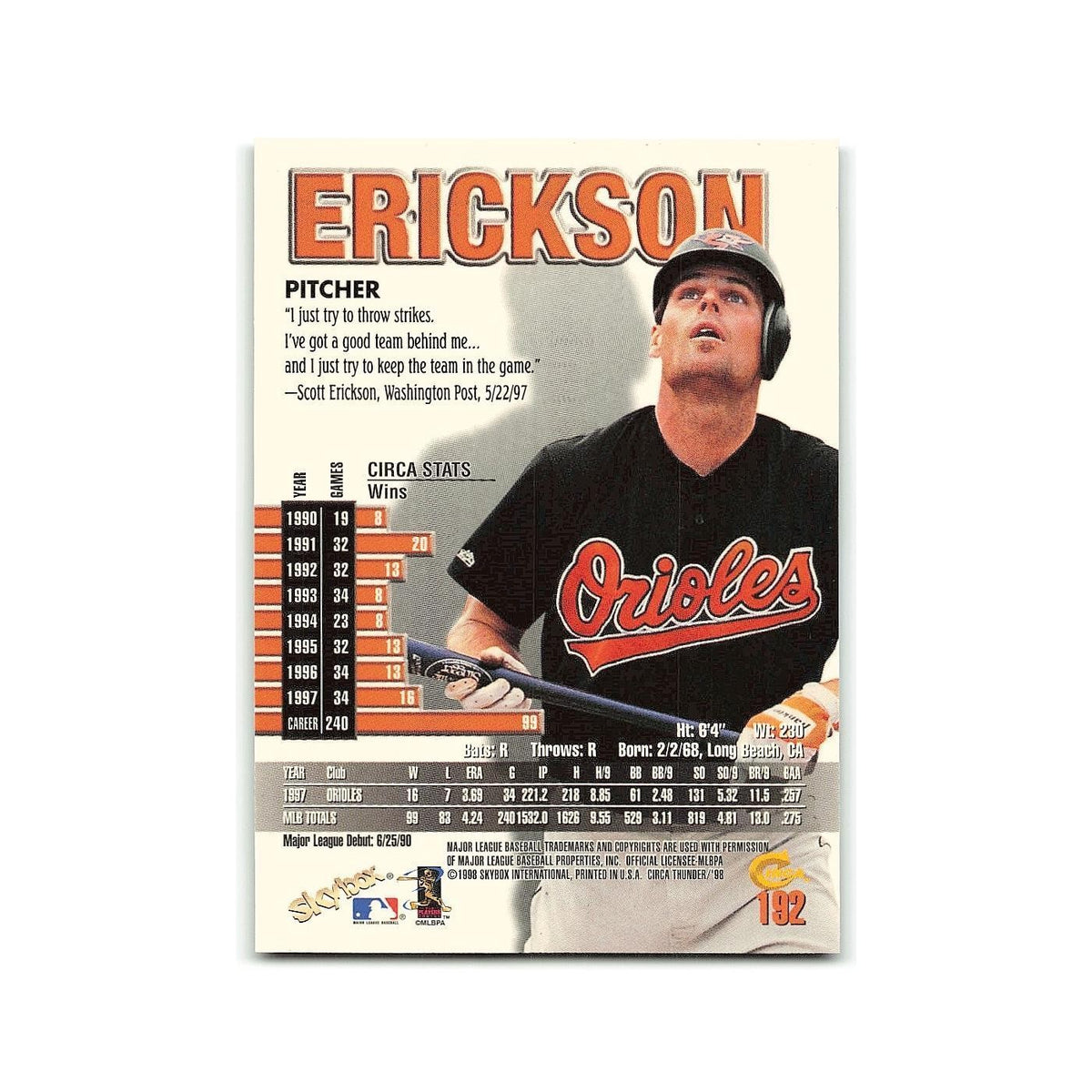 Scott Erickson 1998 Circa Thunder #192 Baltimore Orioles Baseball Card NM