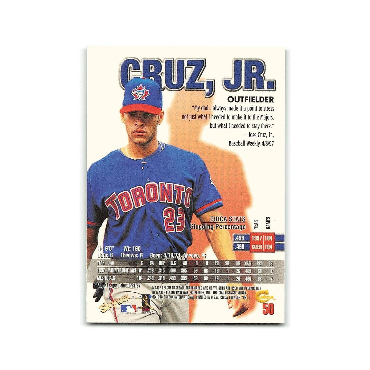 Jose Cruz Jr. 1998 Circa Thunder #50 Toronto Blue Jays Baseball Card NM