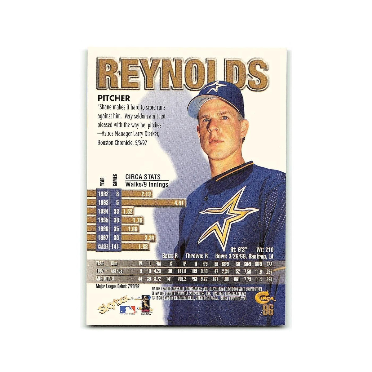 Shane Reynolds 1998 Circa Thunder #96 Houston Astros Baseball Card NM