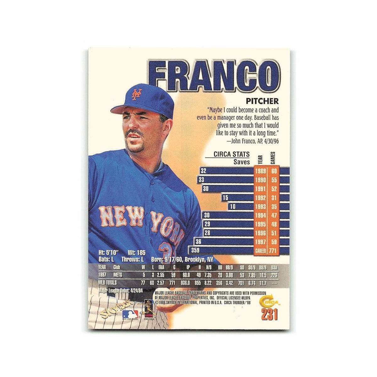 John Franco 1998 Circa Thunder #231 New York Mets Baseball Card NM