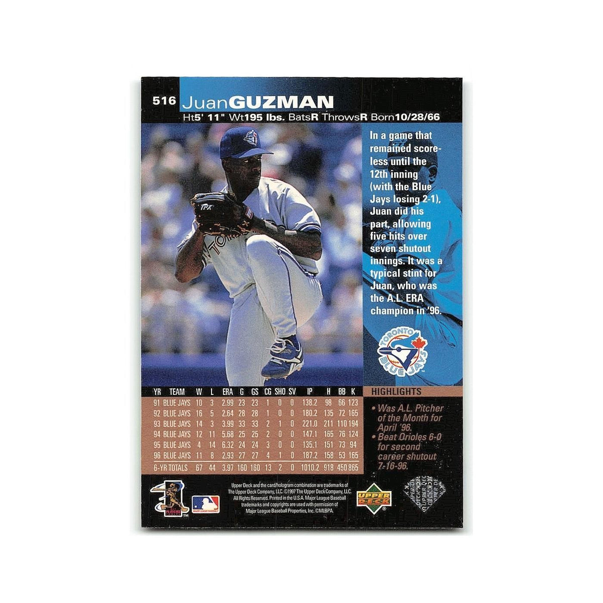 Juan Guzman 1997 Upper Deck #516 Toronto Blue Jays Baseball Card NM