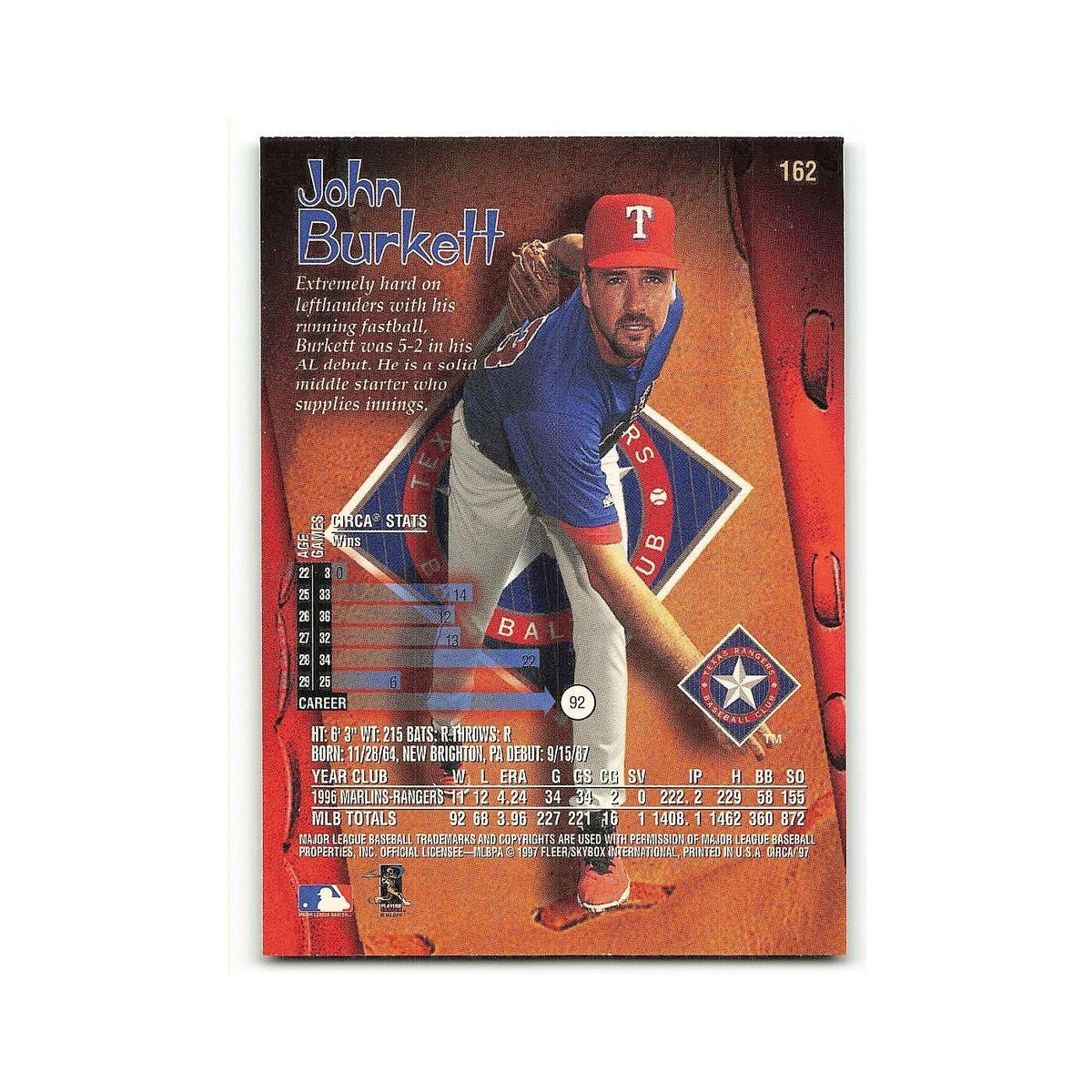 John Burkett 1997 Circa #162 Texas Rangers Baseball Card NM