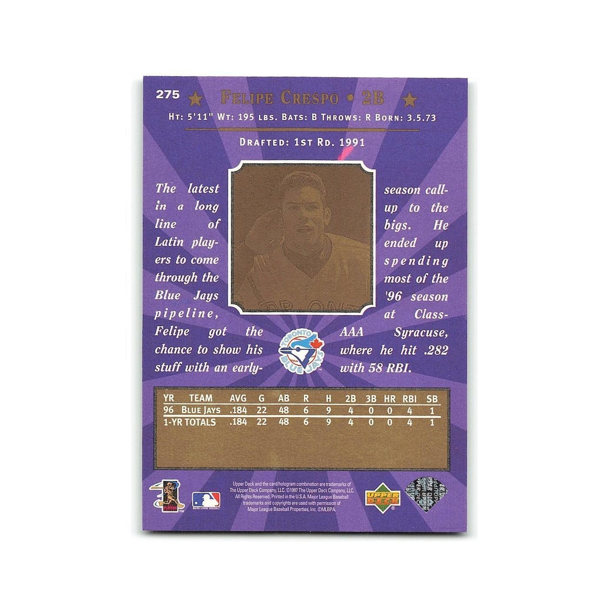 Felipe Crespo Rookie 1997 Upper Deck #275 Toronto Blue Jays Baseball Card NM