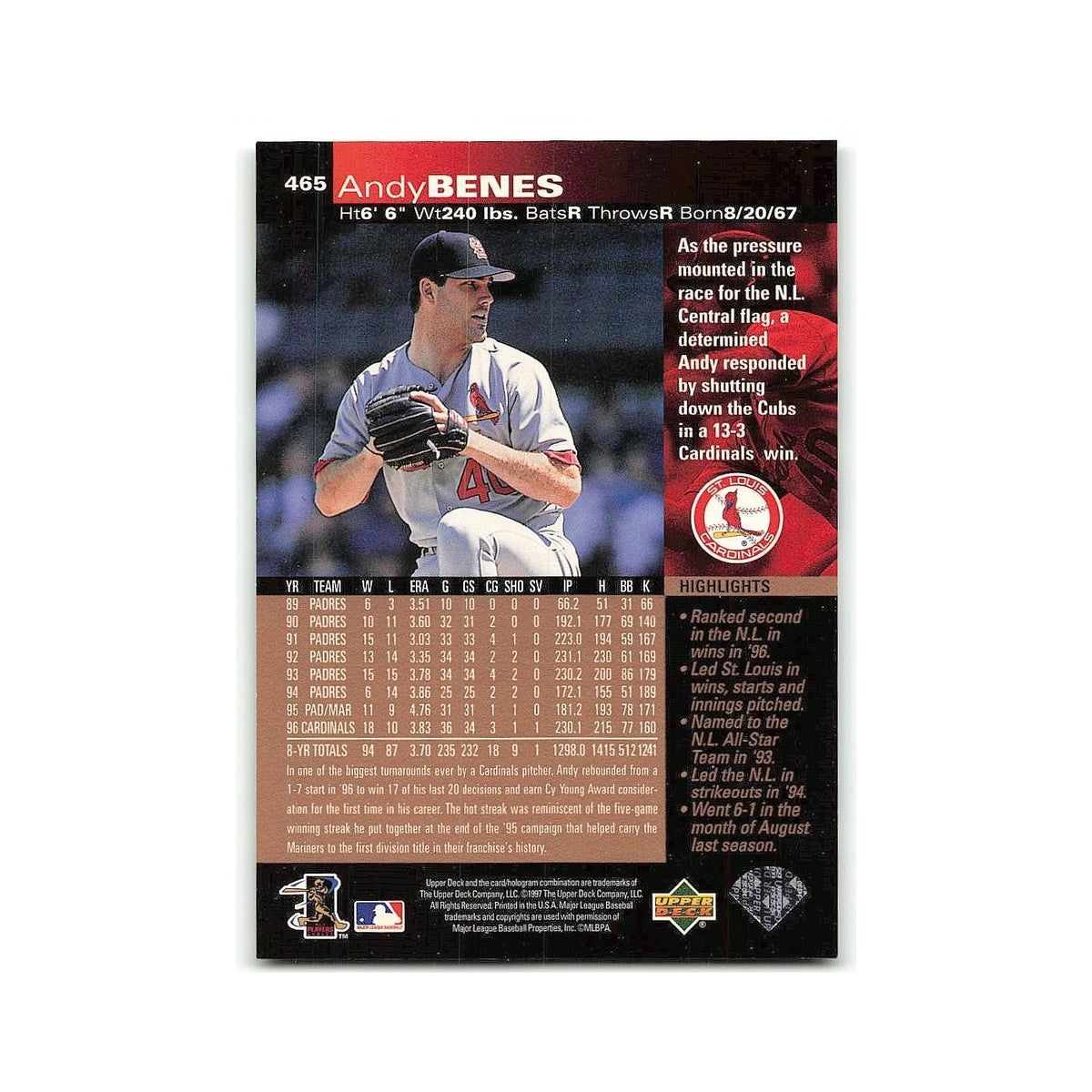 Andy Benes 1997 Upper Deck #465 St. Louis Cardinals Baseball Card NM