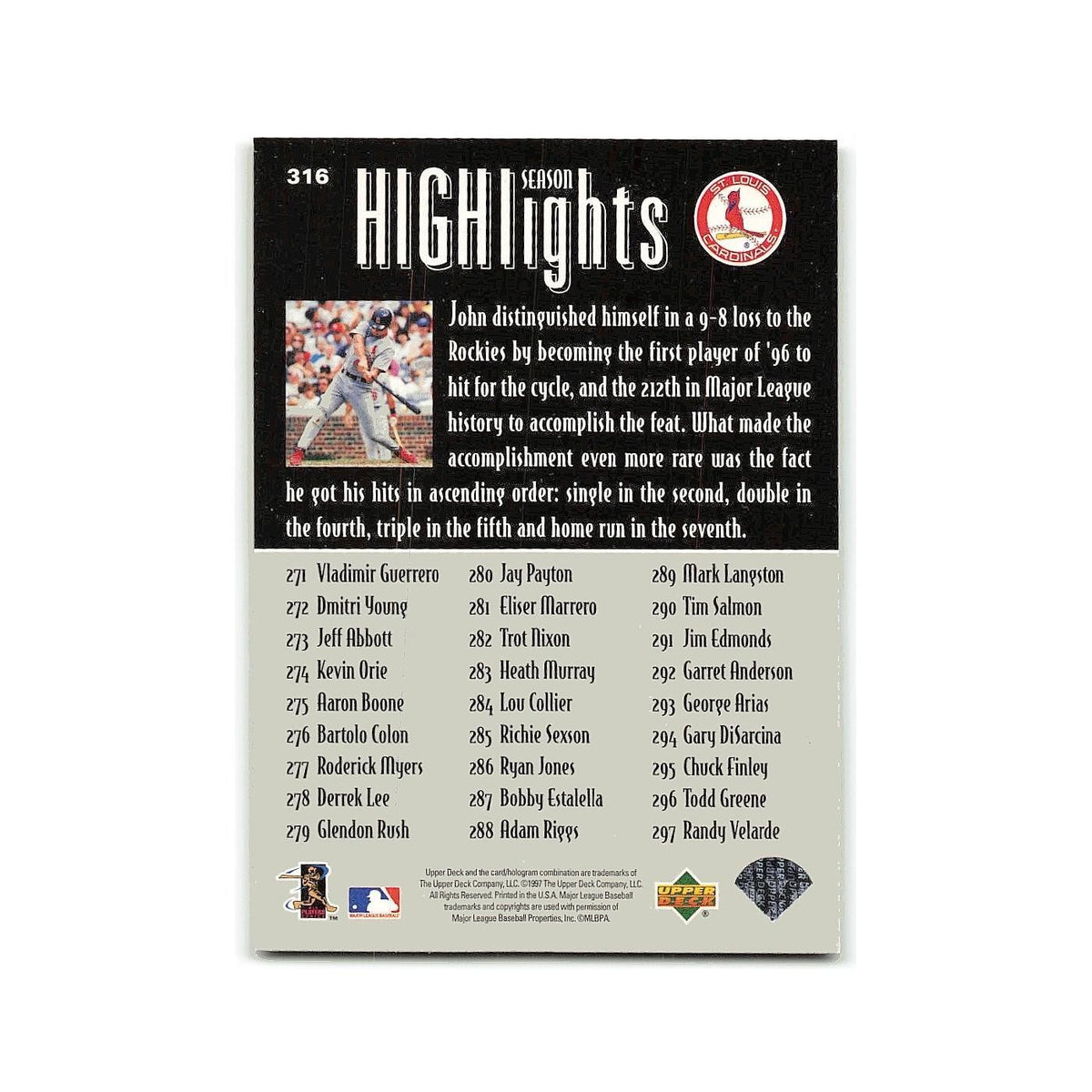 John Mabry 1997 Upper Deck #316 St. Louis Cardinals Baseball Card NM