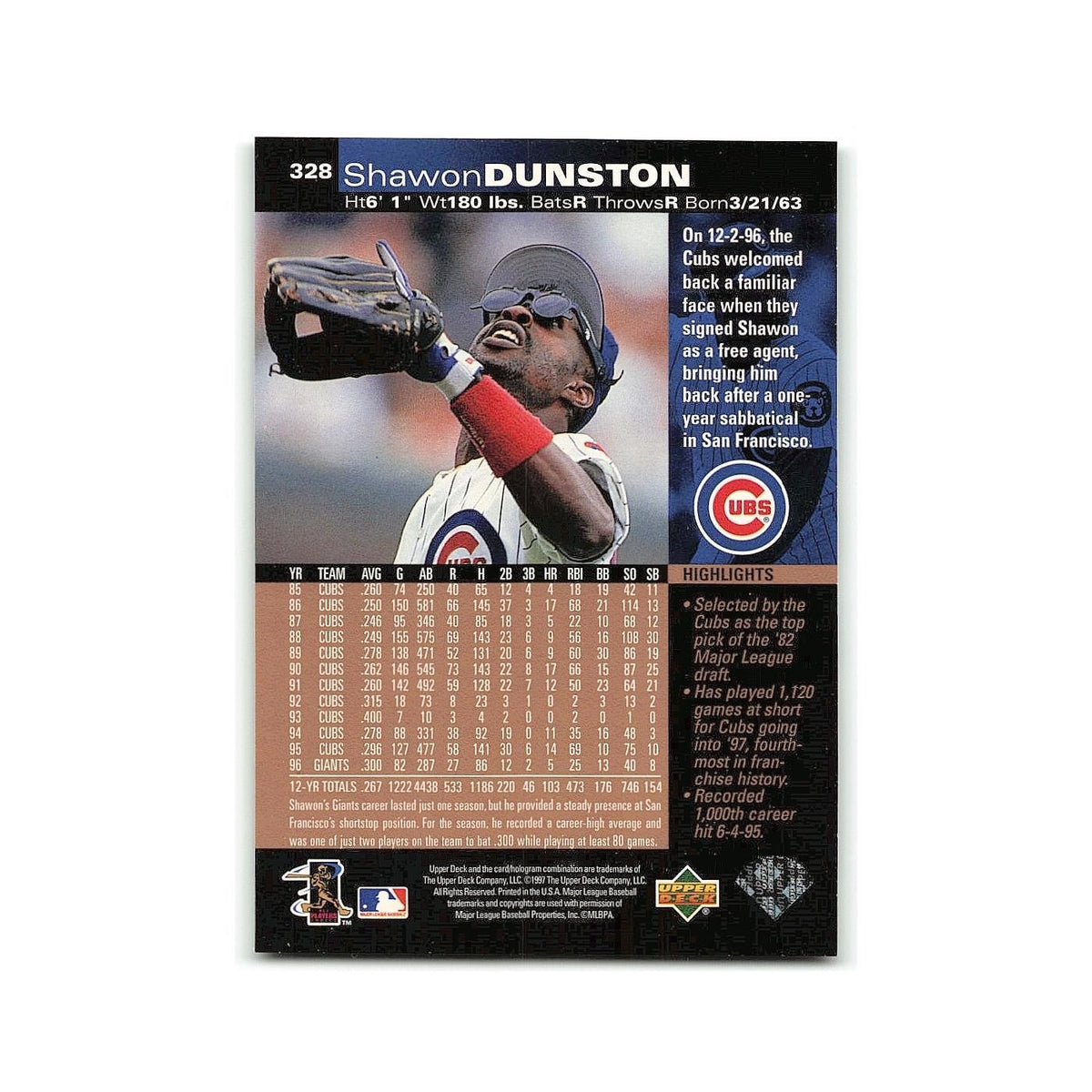 Shawon Dunston 1997 Upper Deck #328 Chicago Cubs Baseball Card NM