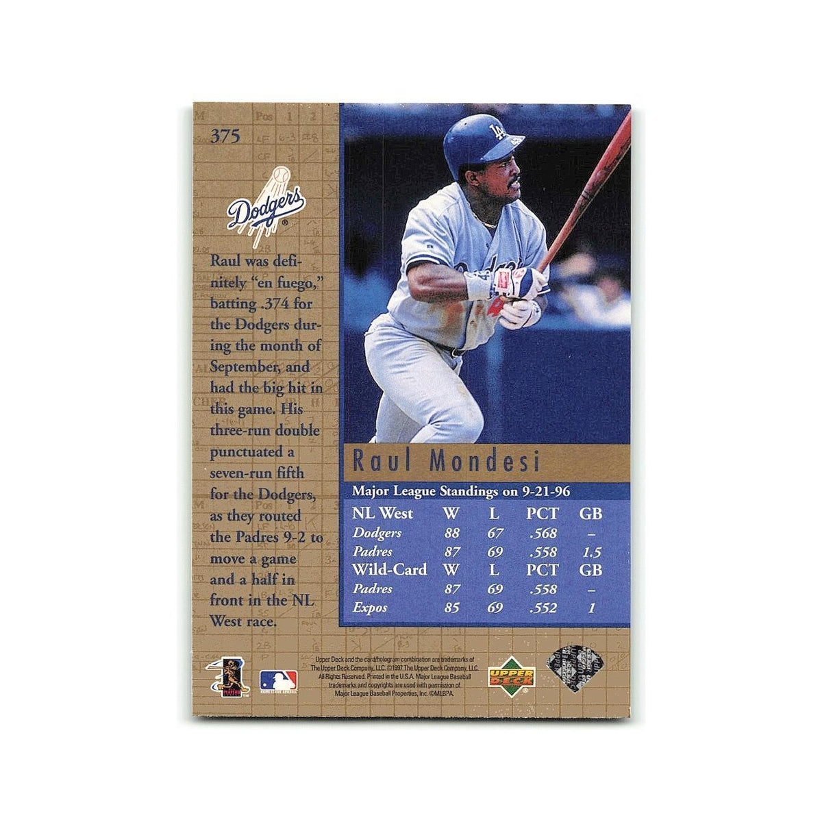 Raul Mondesi 1997 Upper Deck #375 Los Angeles Dodgers Baseball Card NM
