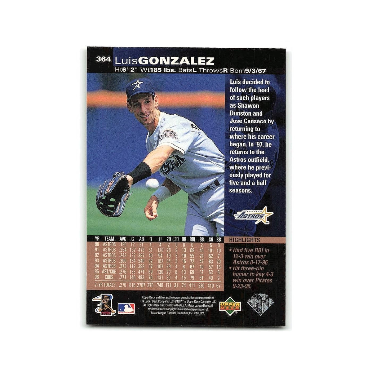 Luis Gonzalez 1997 Upper Deck #364 Houston Astros Baseball Card NM
