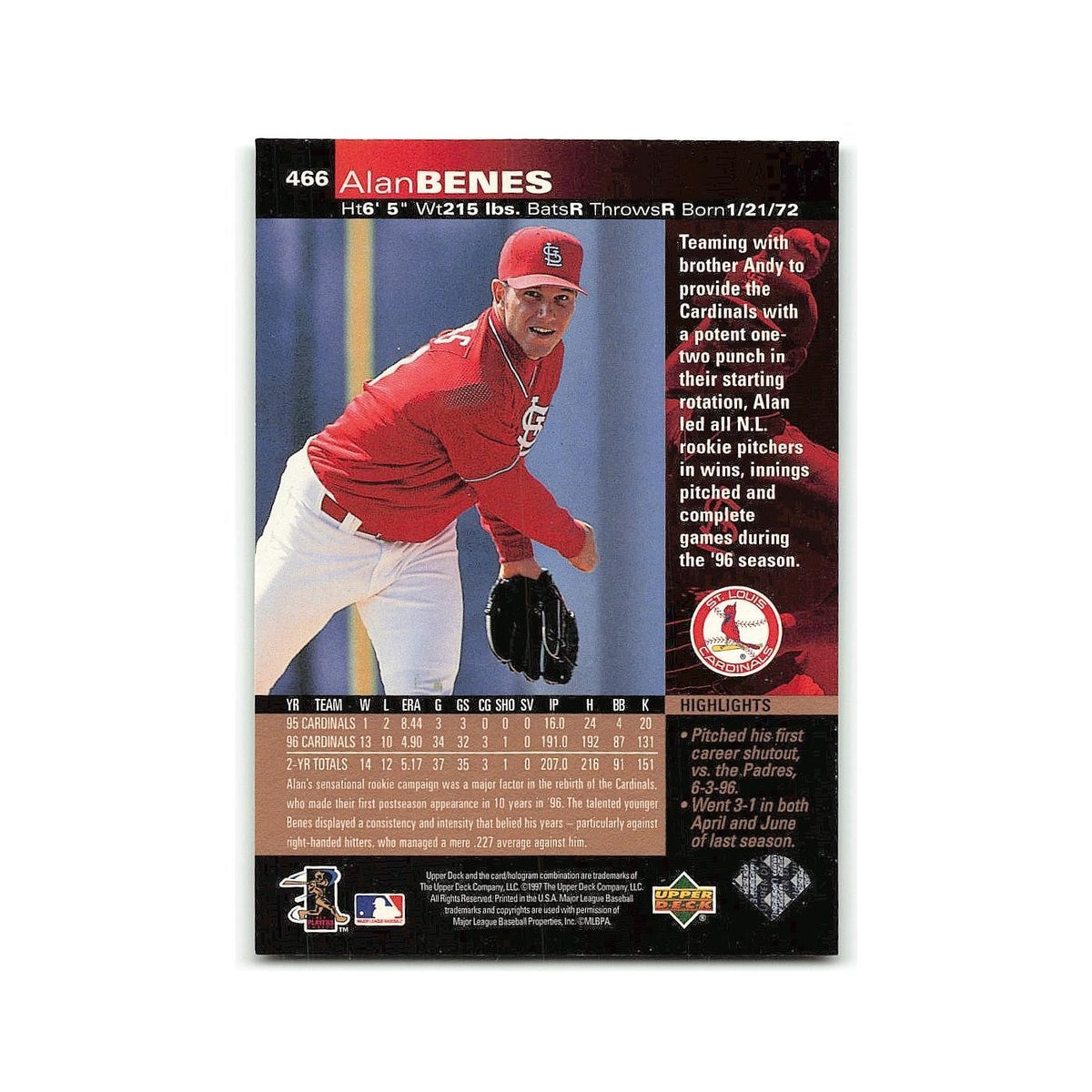 Andy Benes 1997 Upper Deck #466 St. Louis Cardinals Baseball Card NM