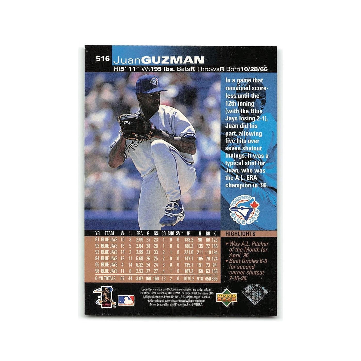 Juan Guzman 1997 Upper Deck #516 Toronto Blue Jays Baseball Card NM