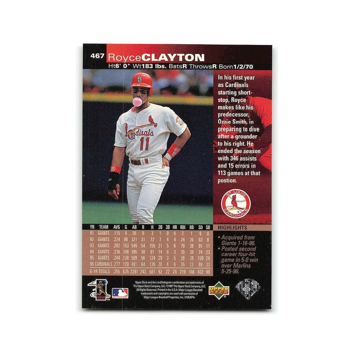Royce Clayton 1997 Upper Deck #467 St. Louis Cardinals Baseball Card NM