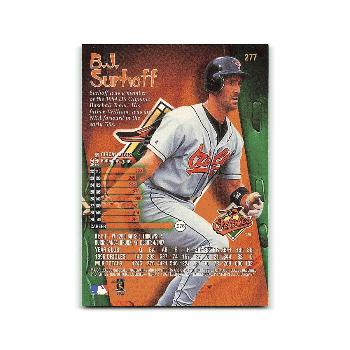 B.J. Surhoff 1997 Circa #277 Baltimore Orioles Baseball Card NM
