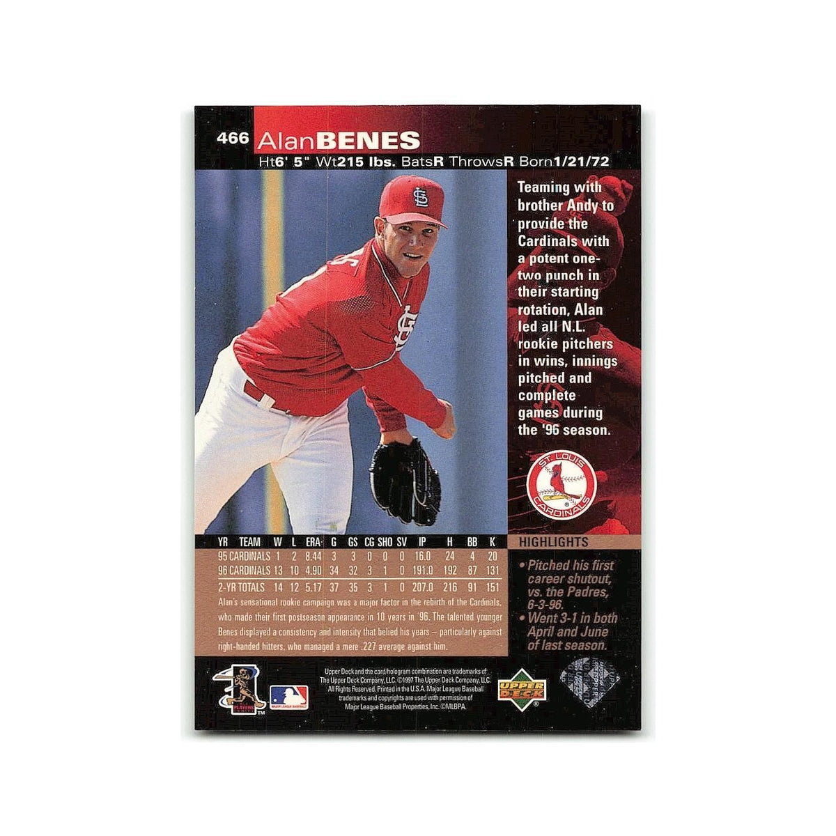 Andy Benes 1997 Upper Deck #466 St. Louis Cardinals Baseball Card NM