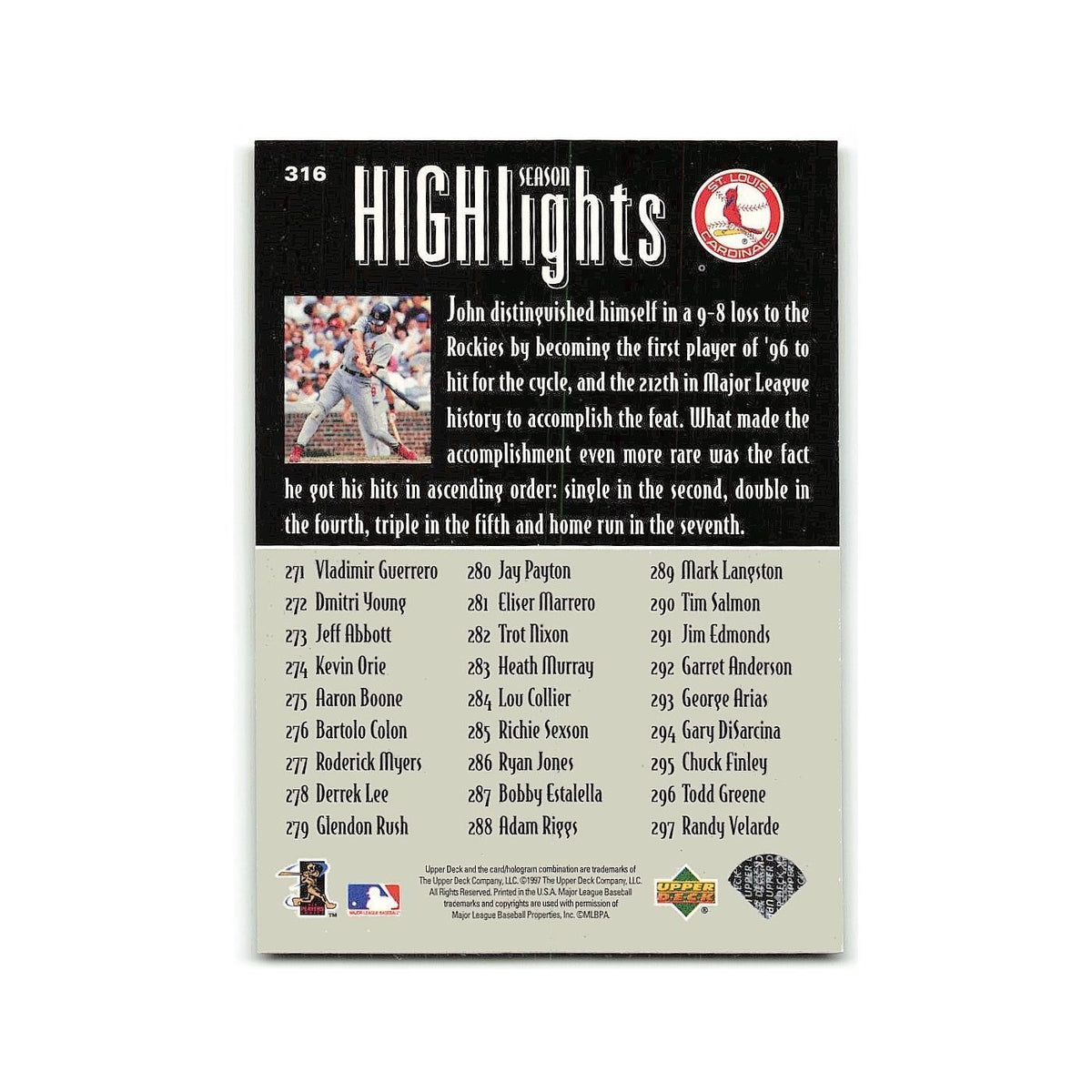 John Mabry 1997 Upper Deck #316 St. Louis Cardinals Baseball Card NM