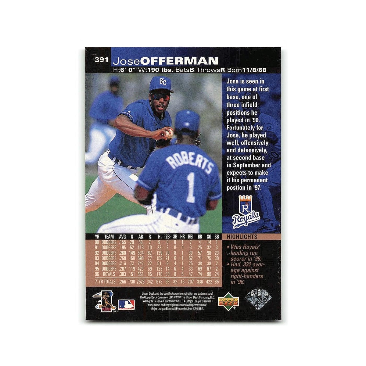 Jose Offerman 1997 Upper Deck #391 Kansas City Royals Baseball Card NM