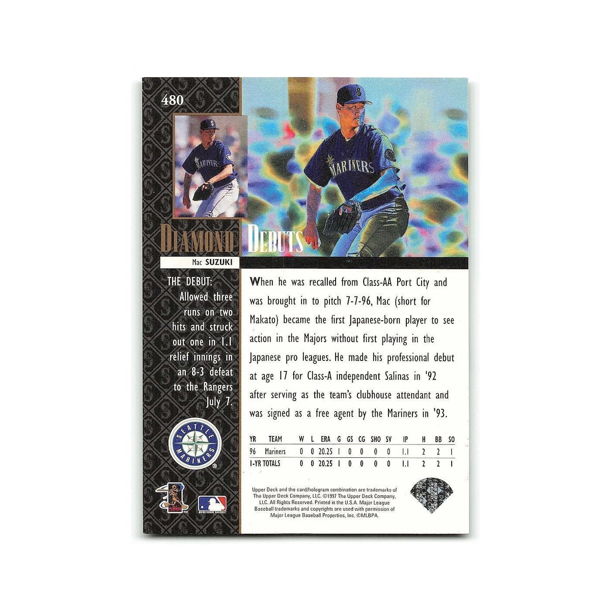 Mac Suzuki Rookie 1997 Upper Deck #480 Seattle Mariners Baseball Card NM