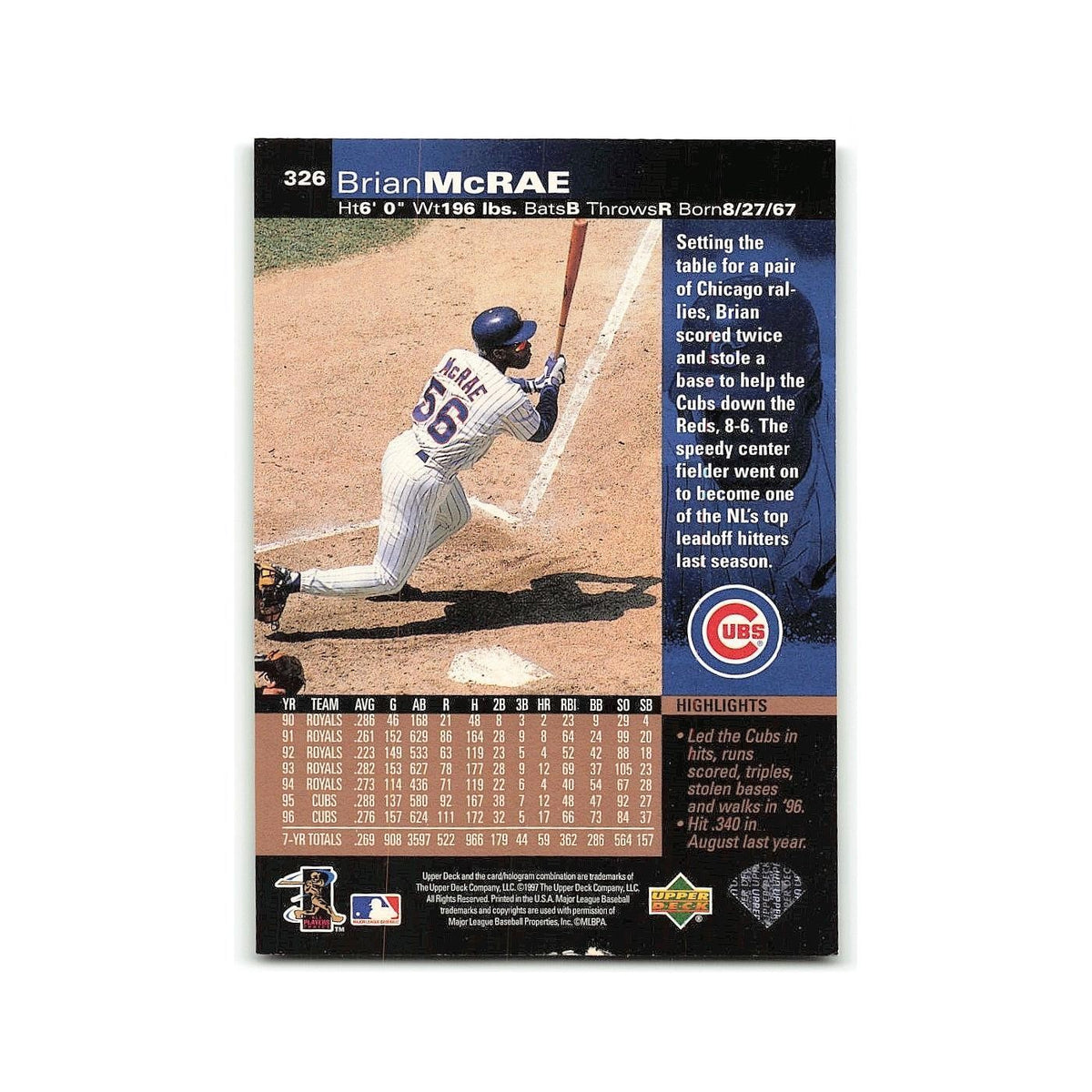 Brian McRae 1997 Upper Deck #326 Chicago Cubs Baseball Card NM